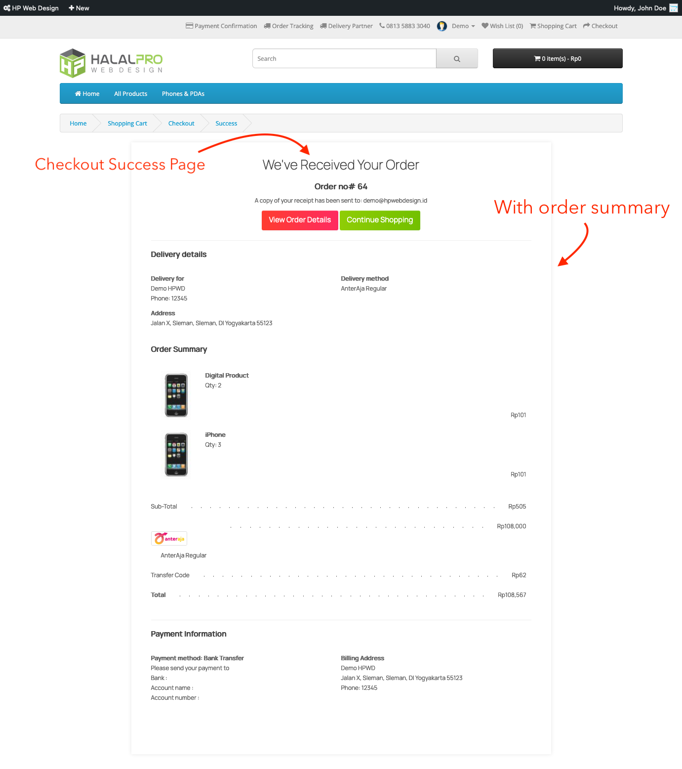 enhance checkout success page opencart